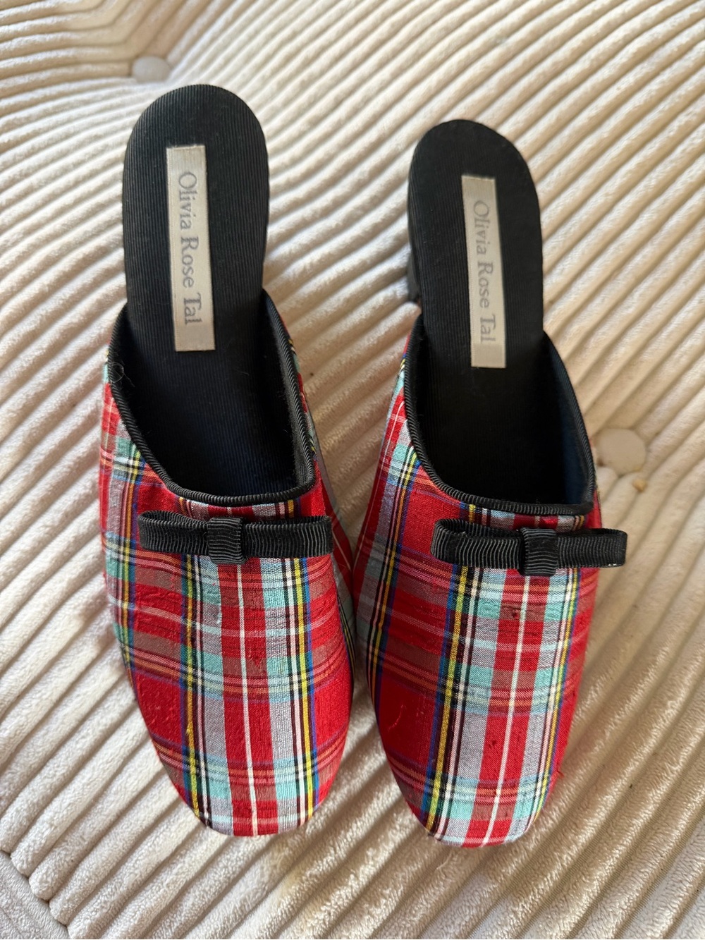 Olivia Rose Tal Red Plaid Mules with Black Bow